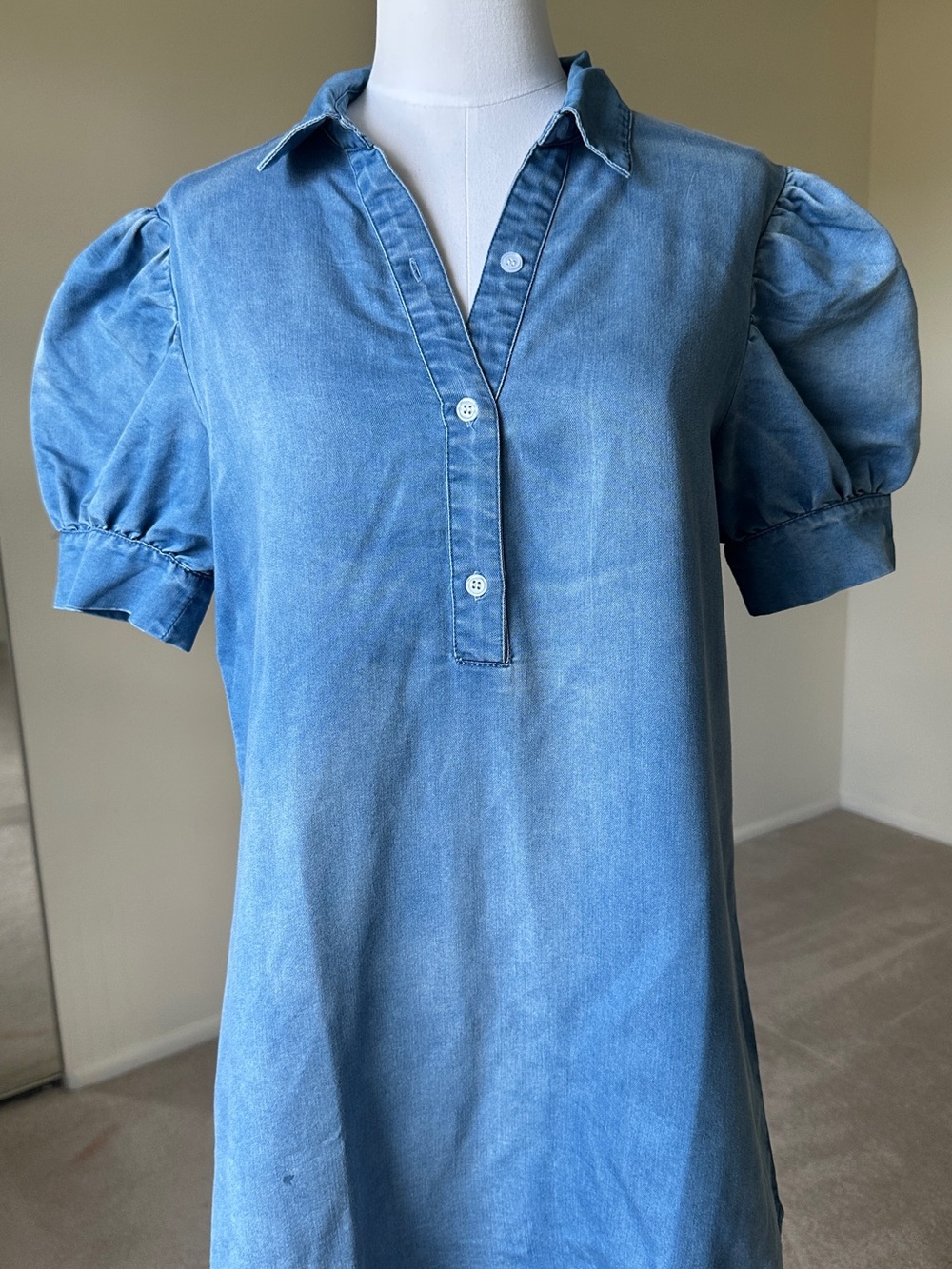 Blue Puff-Sleeve Denim Polo Dress - Women